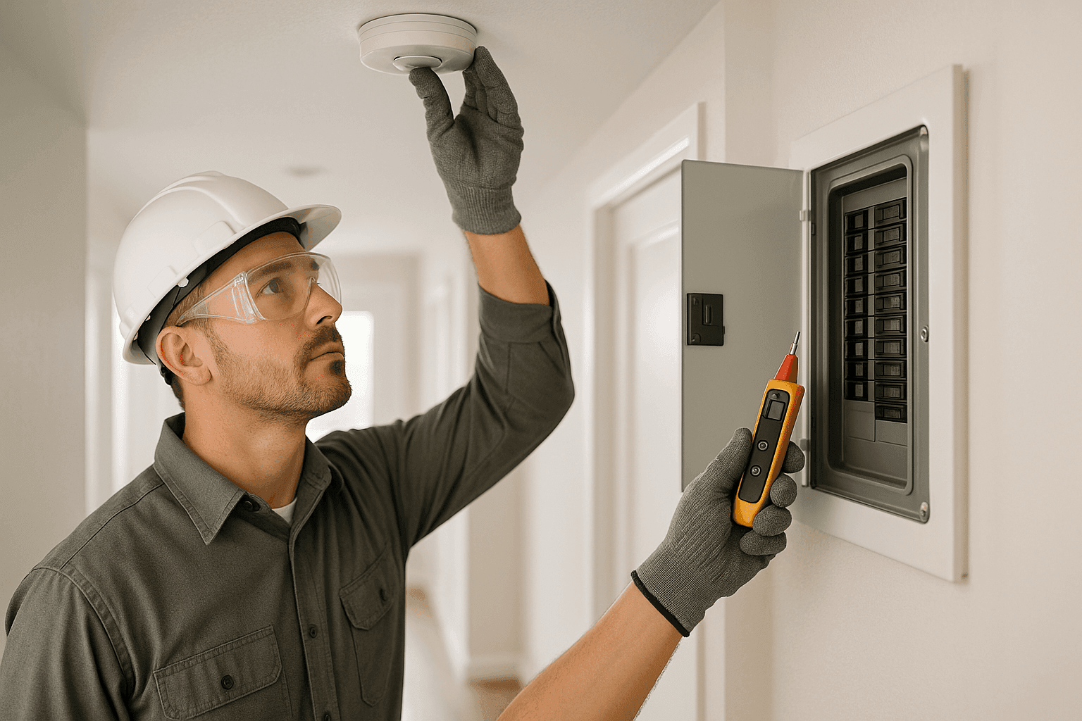 Inspector testing smoke detector and checking electrical panel in residential hallway