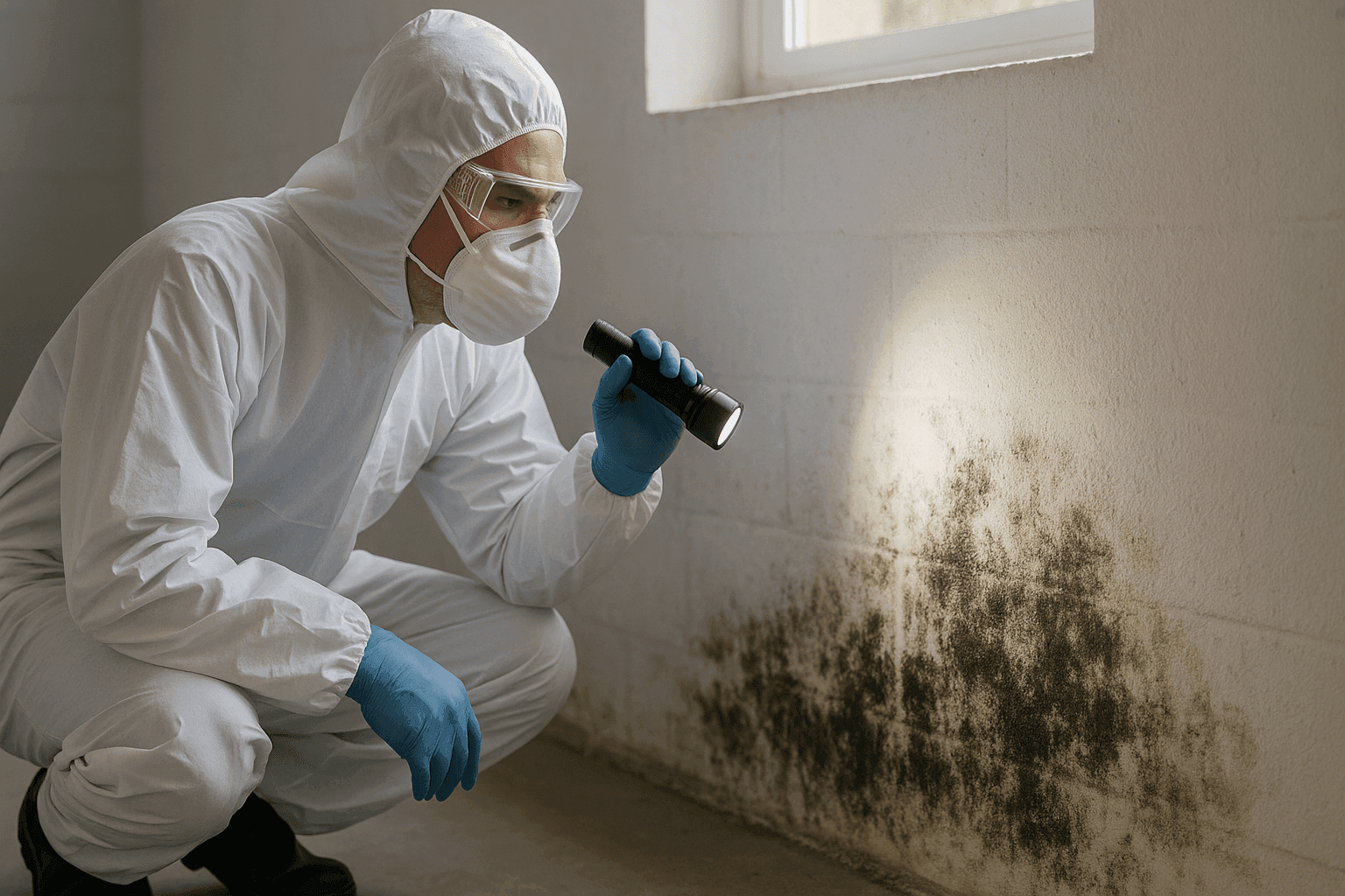Inspector examining mold growth on wall in residential basement with flashlight