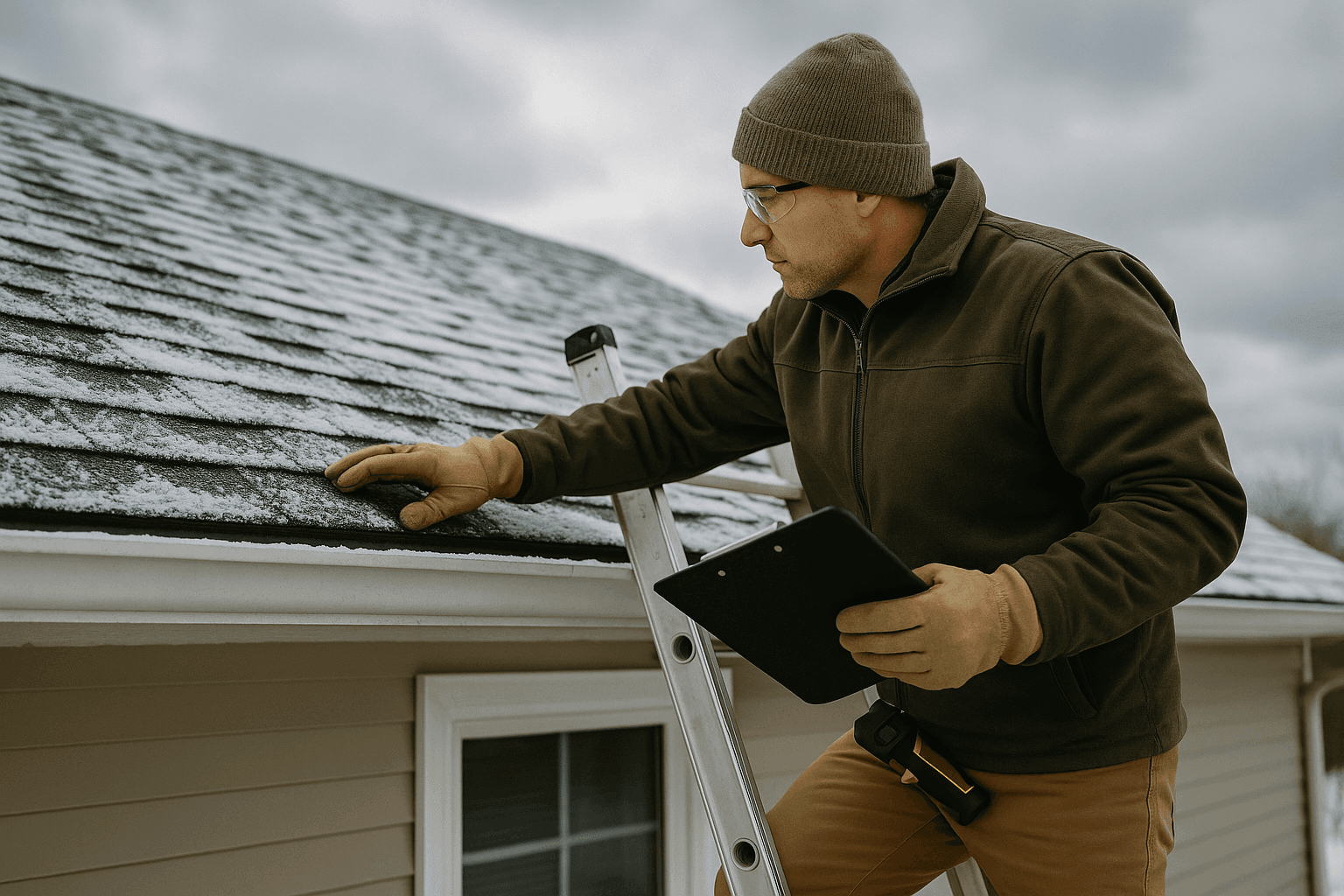 Homeowner inspecting snow-covered roof before winter storms