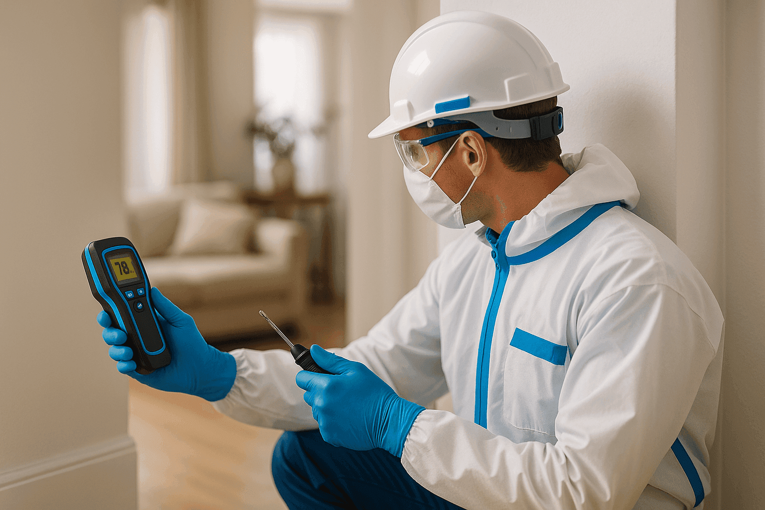 Home inspector in PPE using moisture meter near wall corner in clean residential interior