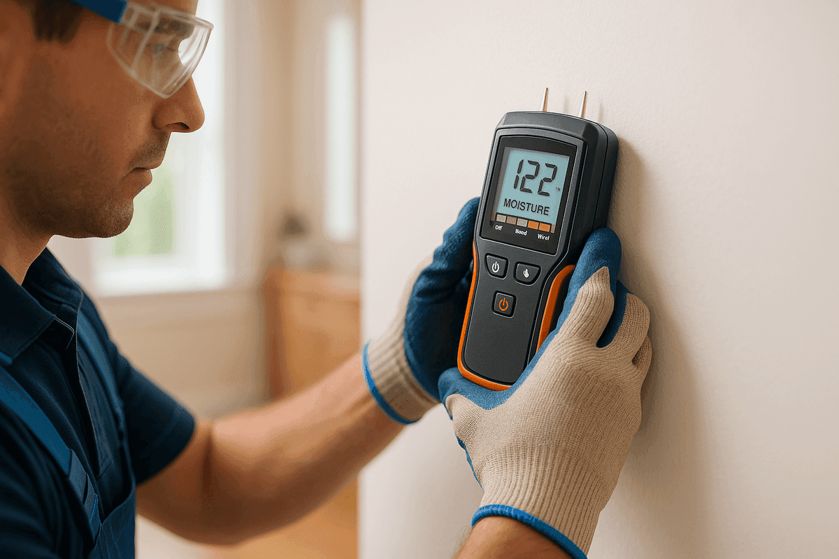 Close-up of inspector’s gloved hands operating moisture meter on white wall indoors